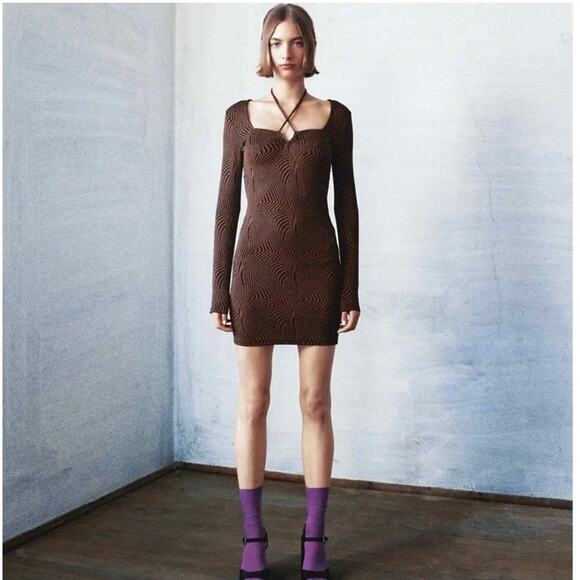 Zara Brown & Black Animal Print Long Sleeve Bodycon Mini Dress Size Small New - Picture 12 of 13